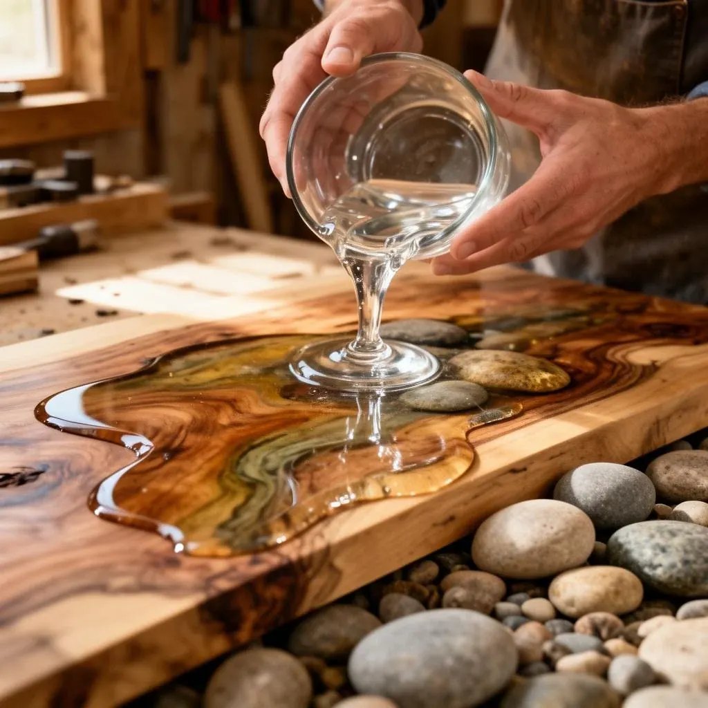 Artisan hands pouring glossy resin over a handcrafted board with Tulameen river rocks