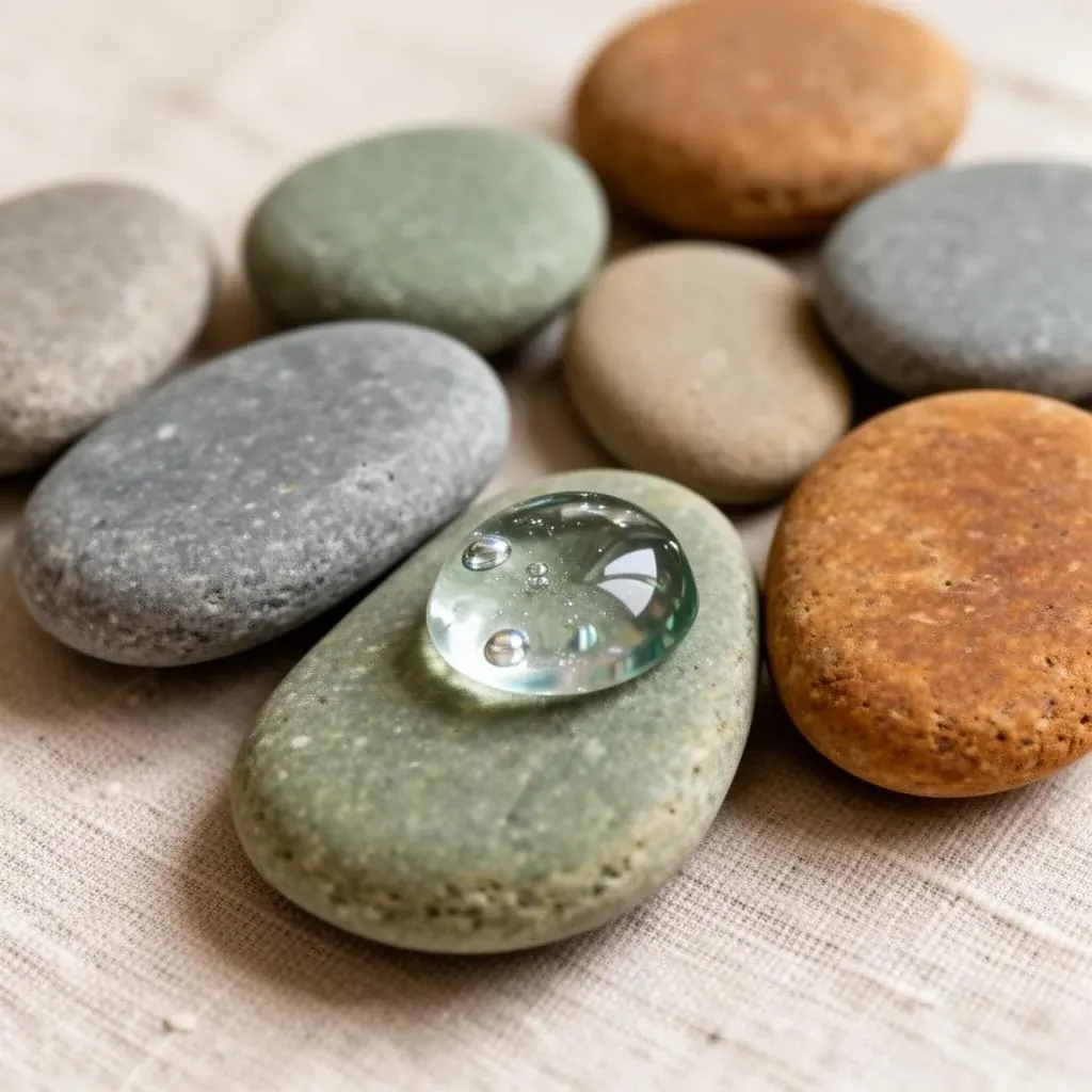 Smooth Tulameen river rocks with a glossy resin art piece on natural linen